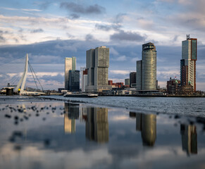 Reflection of the skyline of Rotterdam in a puddle after a rain shower