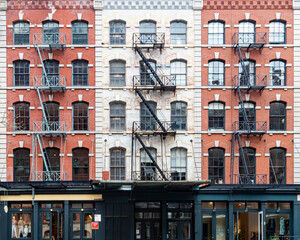 Exterior view of historic brick buildings along Duane Street in the Tribeca neighborhood of New...