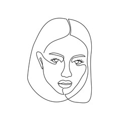 Face line art. Modern minimal style.  Woman looks straight three quarters.  Face drawing. Vector isolated on white background. Editable stroke.  For logo, cosmetic services