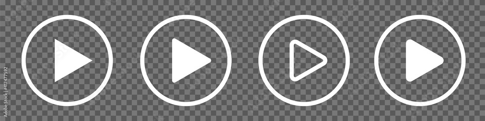 Poster White Play Button Icons isolated on transparent background. Play Button circle. Video player navigate icons set. Editable Stroke. Stock vector