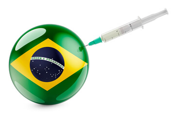 Syringe with Brazilian flag. Vaccination in Brazil concept, 3D rendering