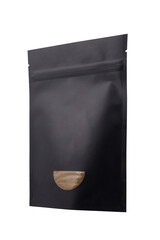 Black blank matte recycled paper bag with a transparent window isolated on white background