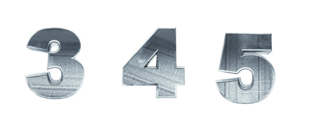 Steel alphabet. Numbers . Scratched metal font 3d render. One-click background removal.