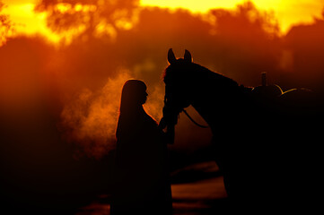 Silhouette of a girl and a horse on a background of dawn. A man standing near a horse that breathes...