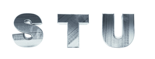 Steel alphabet. Letters S, T, U. Scratched metal font 3d render. One-click background removal.