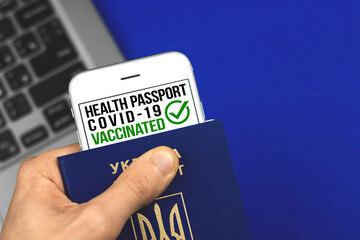 Health or vaccine passport app with negative COVID-19 test result, man allowed for safe travels