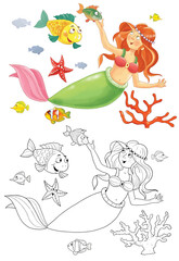 The little mermaid. Fairy tale. Coloring page. Coloring book. Illustration for children. Cute and funny cartoon characters