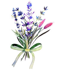 Handdrawn watercolor bouquet with lavender and wild herbs