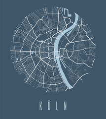 Cologne map poster. Decorative design street map of Cologne city, cityscape aria panorama. - obrazy, fototapety, plakaty