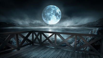Night cold seascape, fantasy island and wooden pier by the sea. Cold frozen water, reflection of light in water. 3D illustration. 