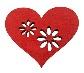 Wooden red painted heart with flower cavities isolated on white