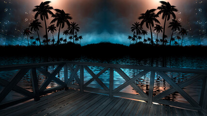 Obraz premium Night seascape with sunset and wooden pier by the sea. Evening Shore with palm trees, beach party. Neon sunset, sunlight, neon lights, neon reflection in water. 3D illustration. 