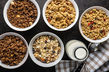 Various breakfast cereals. Morning granola in bowl.