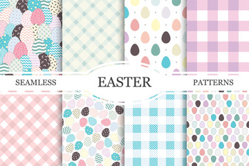 Collection of Easter seamless patterns. Holiday repeatable backgrounds - delicate design. Vector illustrations