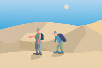 Fototapeta na wymiar Two men cross the desert. Caricature, travel