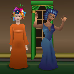 Two girls with exotic and fantasy dressing. One of them with flowers in the head. Vector illustration
