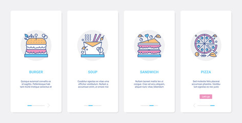 Fastfood meals for cafe restaurant pizzeria, junk food menu vector illustration. UX, UI onboarding mobile app page screen set with line burger soup sandwich pizza, unhealthy dinner food symbols