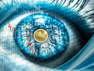 Fototapeta premium digital eye effect and bitcoin visual with binary and candles
