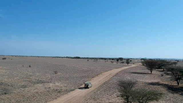 Looking down on a dry brown desert landscape with trees and an off-road vehicle driving on a narrow dirt road from left to right Aeria Video
