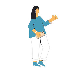 Female teenager listening to music, podcast, audiobook, lecture. Young woman standing with phone and headphones isolated on white background. Social media.