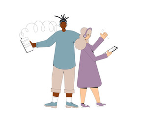 Teenagers listening to music, podcast, audiobook, lecture. Friendship. Young couple standing together with phones and headphones isolated on white background. Social media. Audio chat.