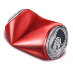 Red damaged bottle isolated on white background. Metal bottle of lemonade or energy drink. Hand-drawn illustration
