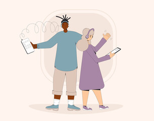 Online conference with different people. Social media networking app. Audio chat. Talking with friends with woice and phone.