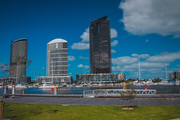 Waterfront panorama of Docklands in melbourne, Australia on a beautiful summer day.