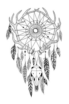Detailed mystical dreamcatcher made of antlers with deer's skull.