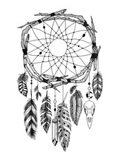 Detailed mystical dreamcatcher made of branches with a crow's skull.