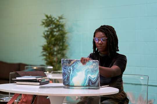 Black Graphic Design Artist Creative Working On School Project, On Laptop