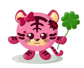 Funny cute smiling tiger with round body and ladybug holding four-leaf good luck clover in flat design with shadows. Isolated animal vector illustration	