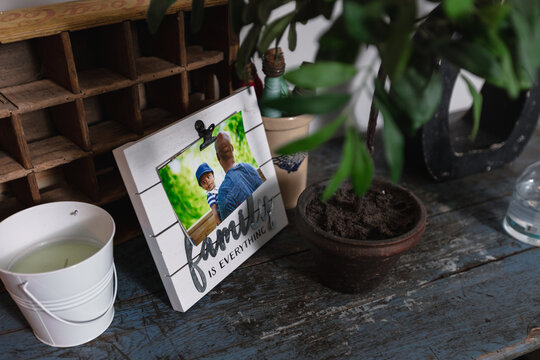 Father and son photo frame on living room table