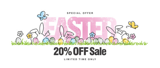 Special offer Sale 20% off. Easter white background with butterfly, rabbit and spring flowers colorful eggs in a pattern of green grass