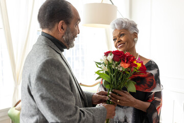 Senior Black couple celebrating long lasting relationship, love milestones