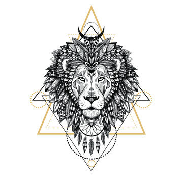 Hand drawn textured lion in aztec (boho) style. Modern geometry.
