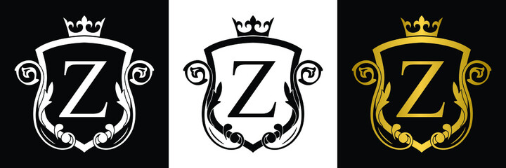 Golden Letter Z. template logo Luxury shield letter with crown. Monogram alphabet . Beautiful royal initials letter.