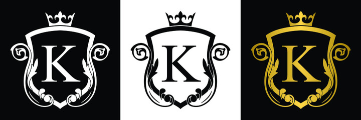 Golden Letter K. template logo Luxury shield letter with crown. Monogram alphabet . Beautiful royal initials letter.
