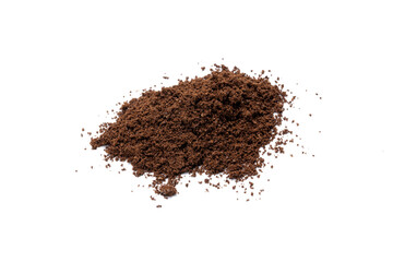 ground coffee powder isolated on white background. caffeine addiction concept. above view. roasted coffee cut out