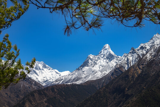 Beautiful landscape of Himalayas mountains. Everest Base Camp trek. Mount Ama Dablam.