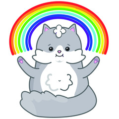 cute happy cat holding a rainbow, magic.Cute Vector Illustration
