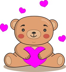 Vector illustration of a cute teddy bear with hearts. An idea for holiday invitations, for coloring books, for postcards, for Valentines, for children's creativity.