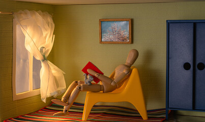 A figurine of a wooden man sits on an armchair in a toy room and reads a book with a kitten on his lap by the window at sunset