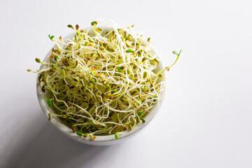 Fresh sprouts in a white bowl on a white table