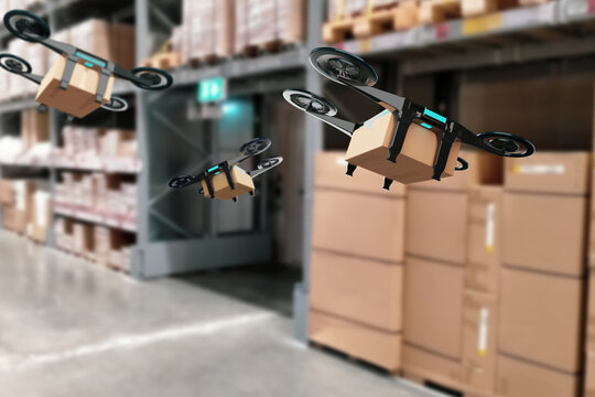 Concept Industry 4.0 Robotic Drone Artificial Intelligence,autonomous Robot Of Warehouse Logistic,smart Automated Delivery Vehicle,modern Storehouse Shipping,with Robot Carrier Carrying Cardboard Box