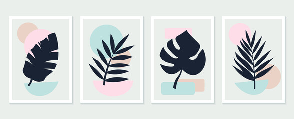 Botanical wall art vector set. Tropical Foliage line art drawing with abstract shape. Abstract Plant Art design for print, cover, wallpaper, Minimal and natural wall art. Vector illustration