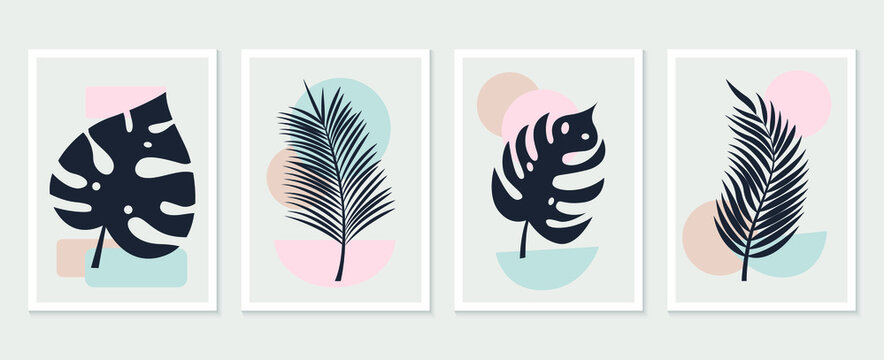 Botanical wall art vector set. Tropical Foliage line art drawing with abstract shape. Abstract Plant Art design for print, cover, wallpaper, Minimal and natural wall art. Vector illustration