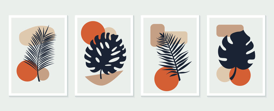 Botanical wall art vector set. Tropical Foliage line art drawing with abstract shape. Abstract Plant Art design for print, cover, wallpaper, Minimal and natural wall art. Vector illustration
