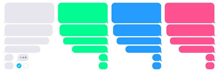 Phone bubbles sms empty set. Isolated chat app bubble on white background. Conversation composer for smartphone interface. Flat UI design in gray, blue, green, pink message. Vector illustration.
