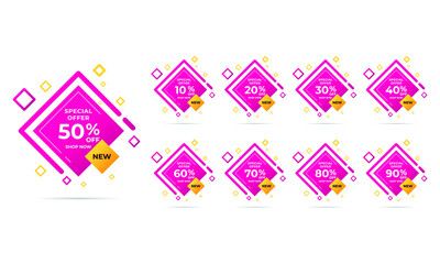 Sale tags set vector badges template, up to 10, 20, 90, 80, 30, 40, 50, 60, 70 percent off, vector illustration